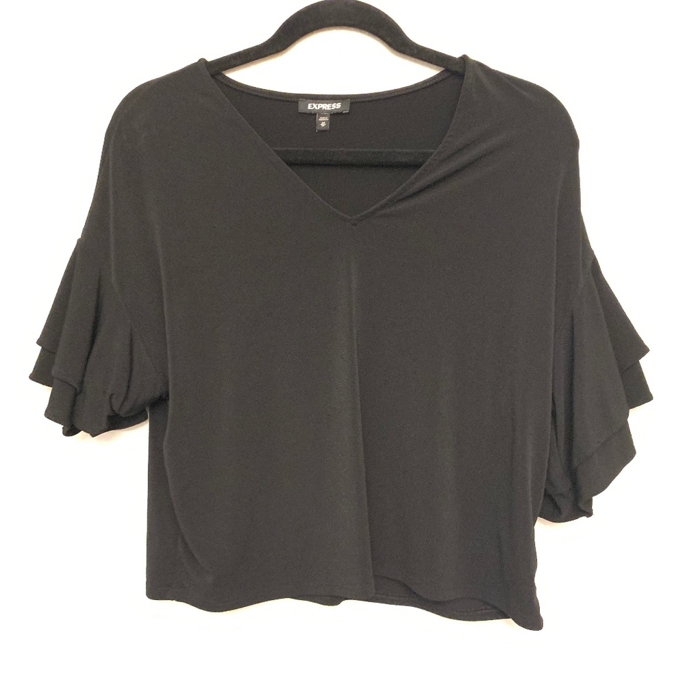 Express Black Cropped Ruffle Sleeve Blouse Size XS